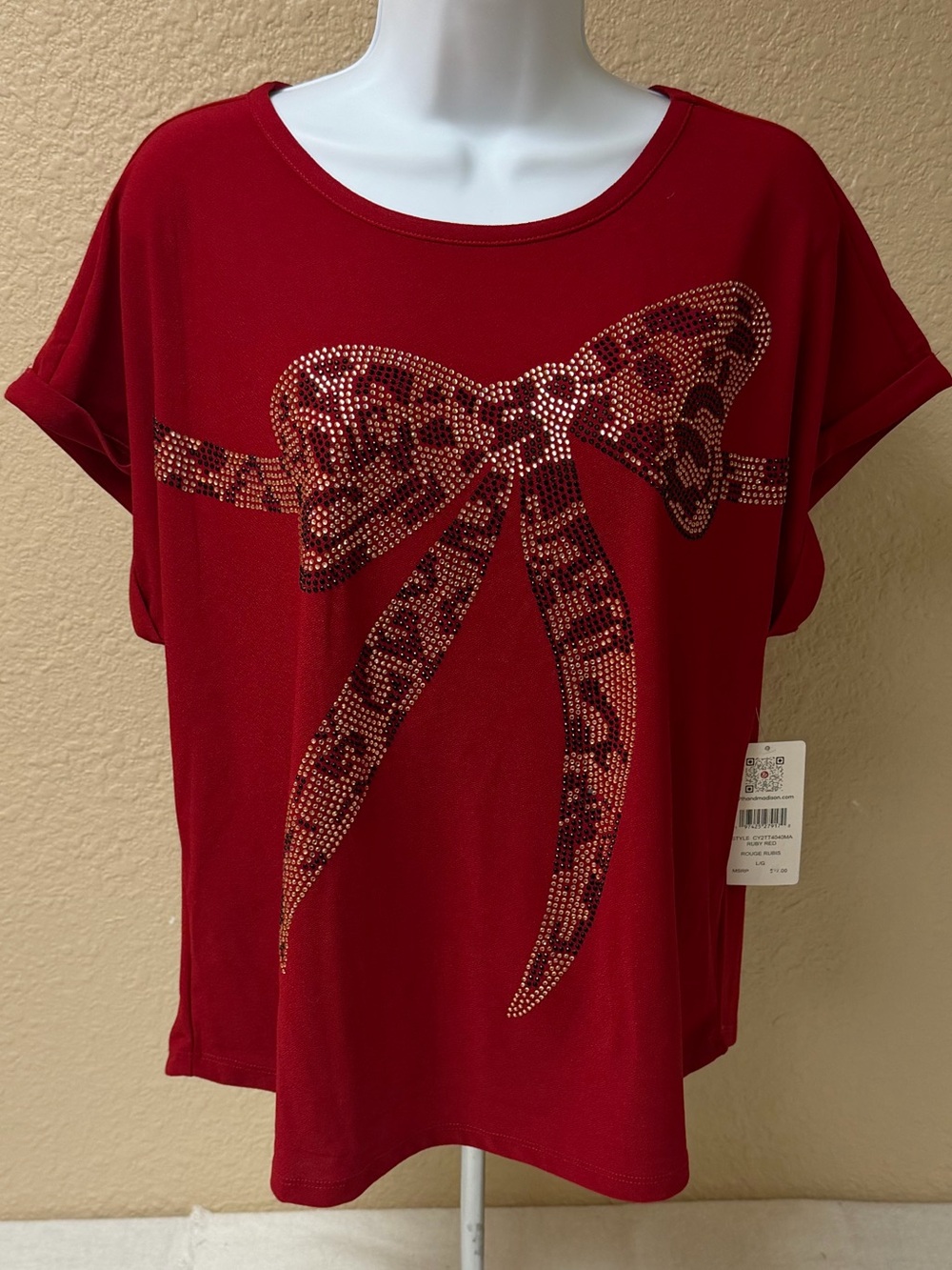 4/$20 89th & Madison Red Short-Sleeve Top with Rhinestone Bow